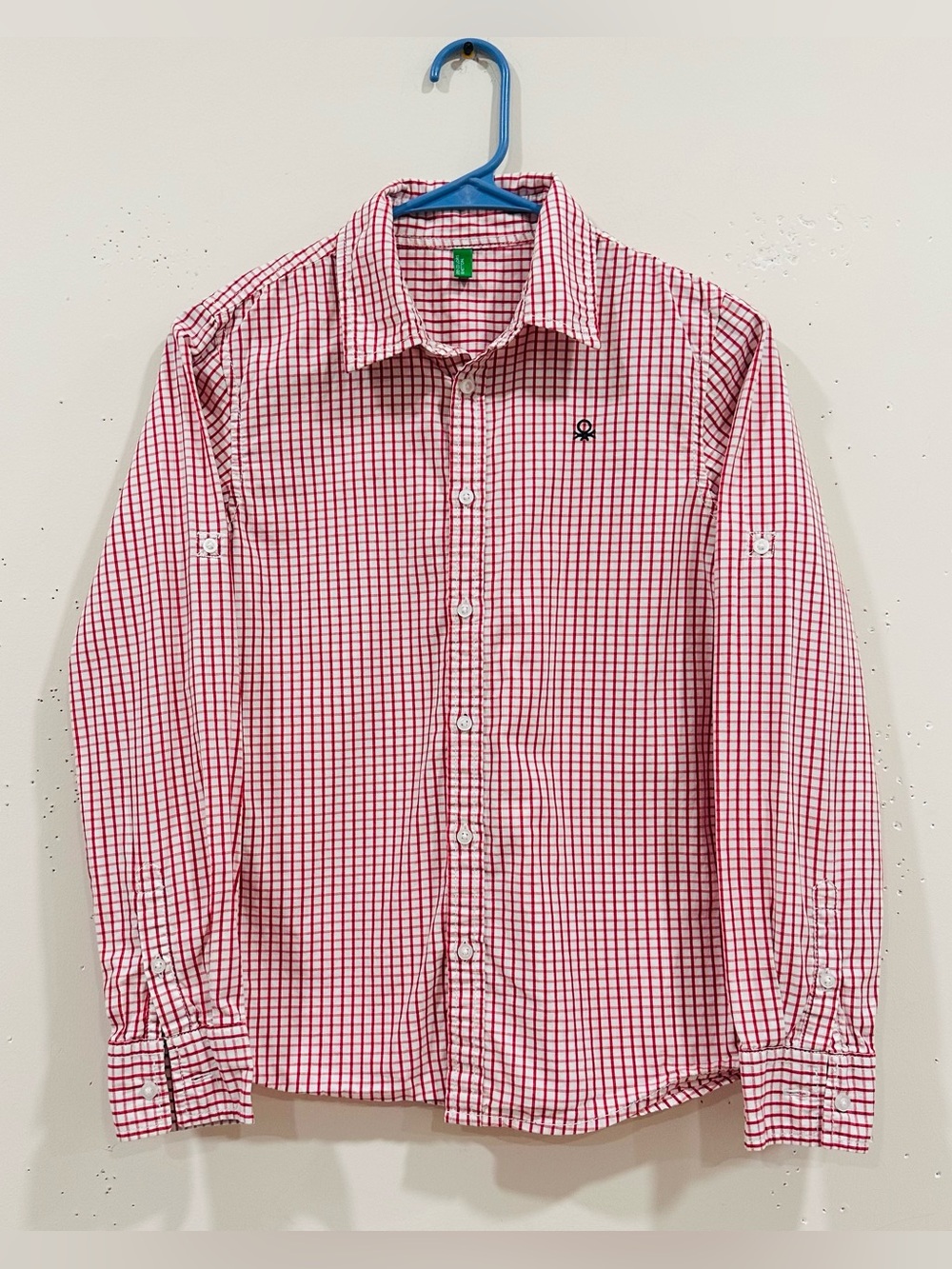 Benetton Boys Gingham Check Shirt Red White 100% Cotton Long Sleeve Size XL Kids